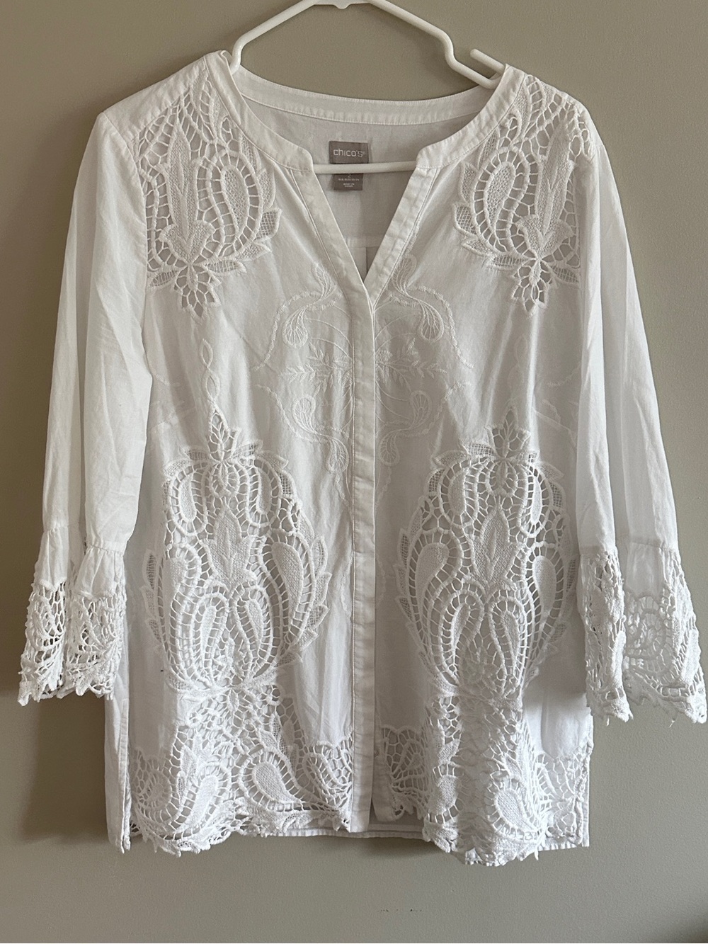 Chico's White Crochet & Embroidered Tunic Top